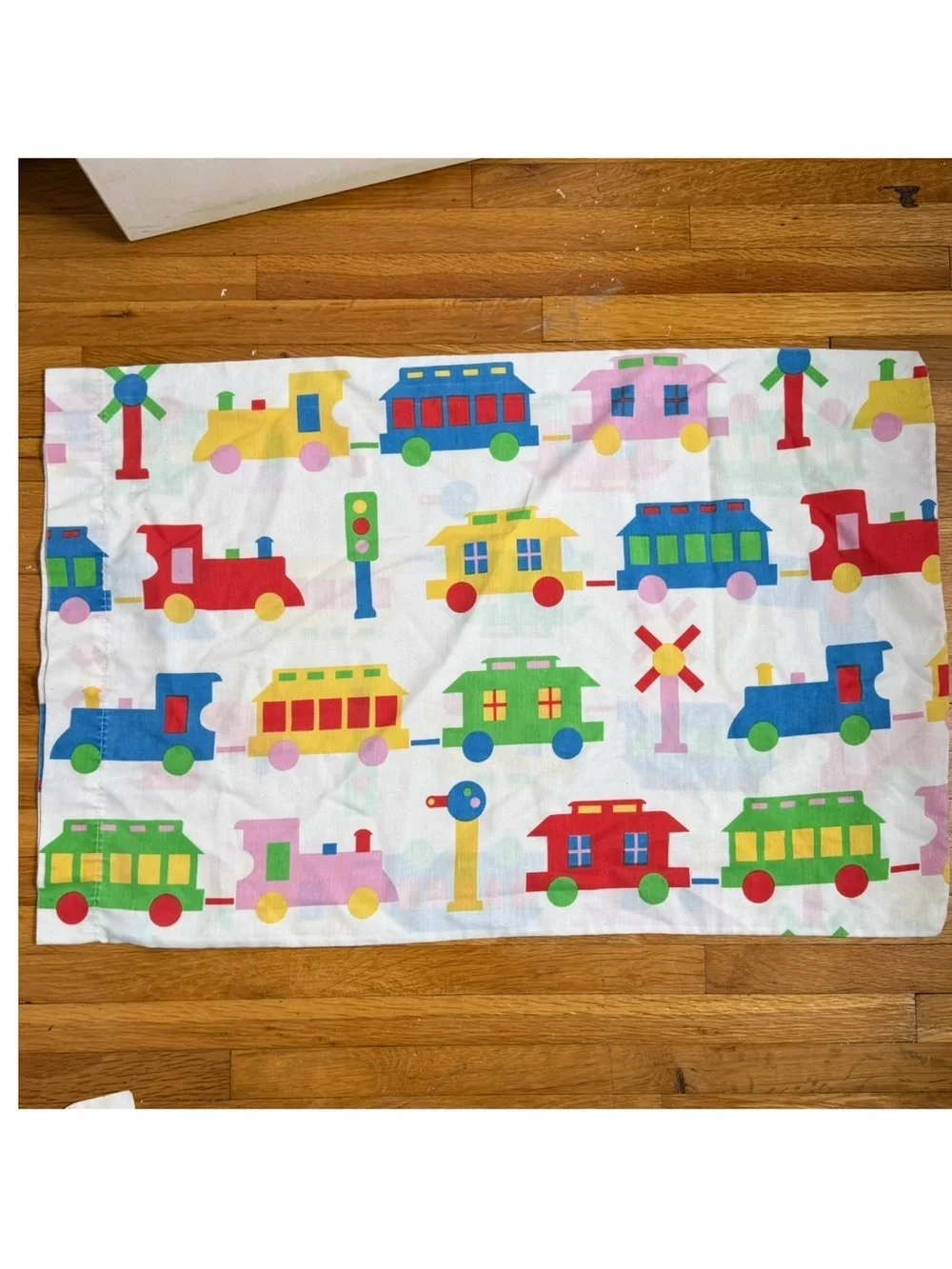 Vintage Train Locomotive Pillowcase Primary Colors 1980’s Transportation Novelty